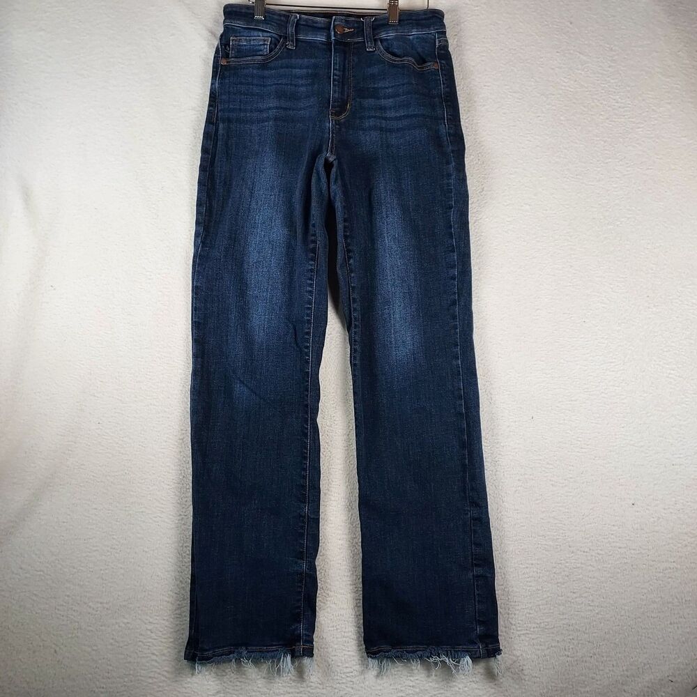 Judy Blue Womens Straight Fit Jeans Dark Wash Frayed Hem Sz 7/28 93% Cotton